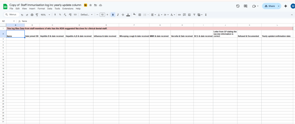Example Immunisation Log Template 2